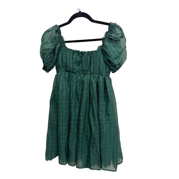 Unique Vintage Emerald Plaid Chiffon Belle Babydoll Dress - Picture 3 of 7